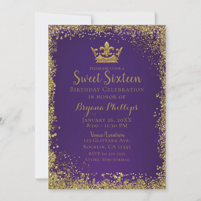 Lila & Gold Glitzer Crown Sweet 16 Party Einladung (Vorderseite)