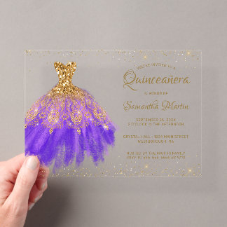 Lila Gold Glitzer Dress Script Quinceñera Party Acryleinladungen