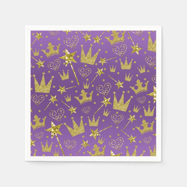Lila & Gold Glitzer Girls Princess Party Serviette (Vorderseite)