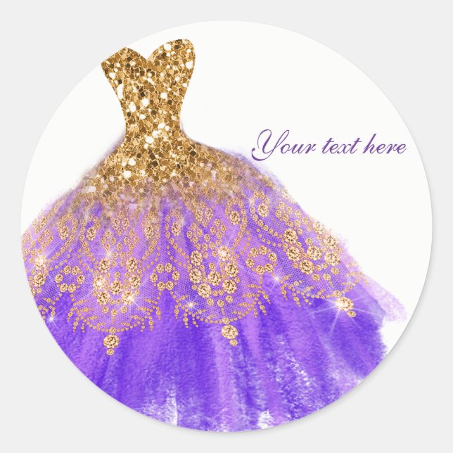 Lila & Gold Glitzer Glam Dress Birthday Party Runder Aufkleber (Vorderseite)