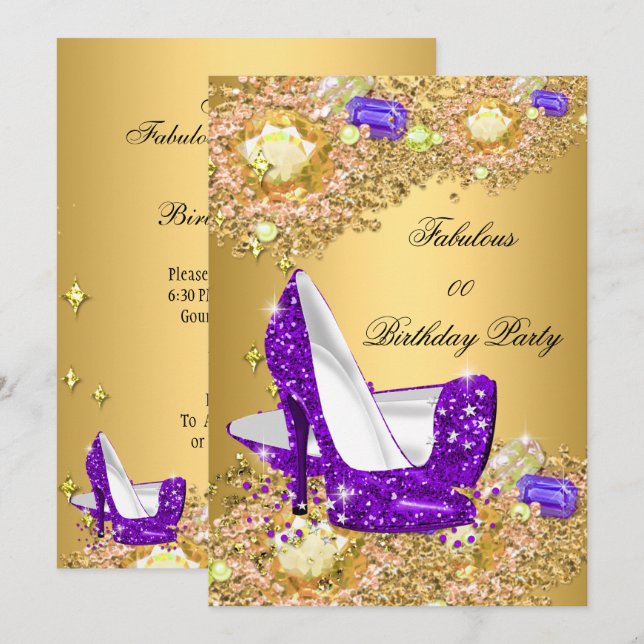 Lila Gold Glitzer High Heels Fantastisches Party Einladung (Vorne/Hinten)