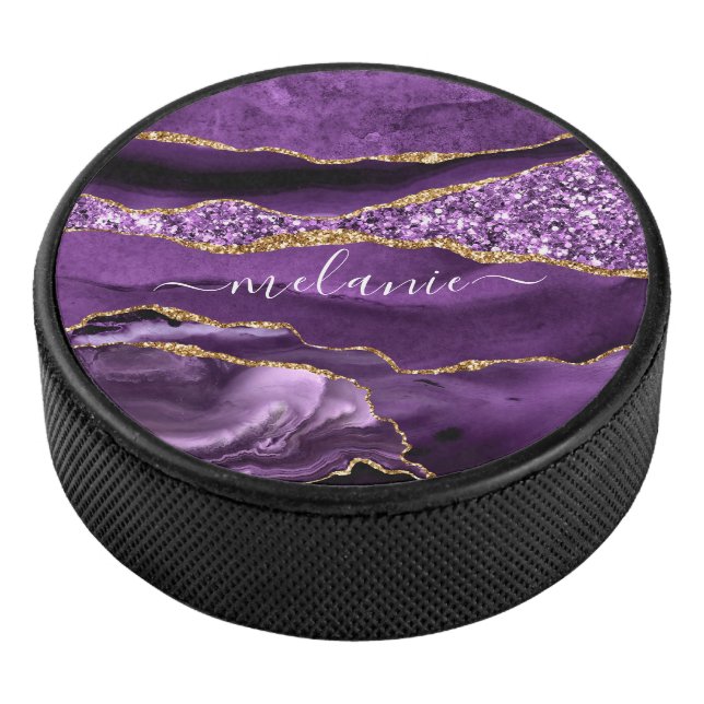 Lila Gold Glitzer Individuelle Name Hockey Puck (3/4)