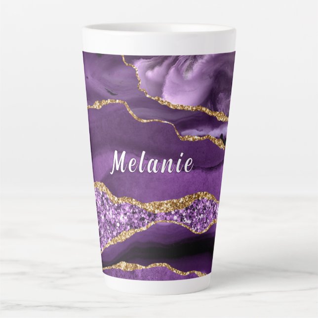 Lila Gold Glitzer Latte Tasse mit Individuelle Nam (Vorderseite)