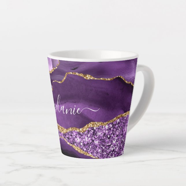 Lila Gold Glitzer Marble Individuelle Name Latte T Milchtasse (Rechte Ecke)