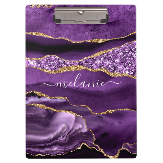 Lila Gold Glitzer Marble Individuelle Name Zwische Klemmbrett (Vorderseite)
