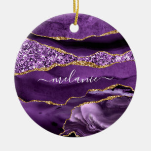 Lila Gold Glitzer Marmordekor Individuelle Name Keramik Ornament