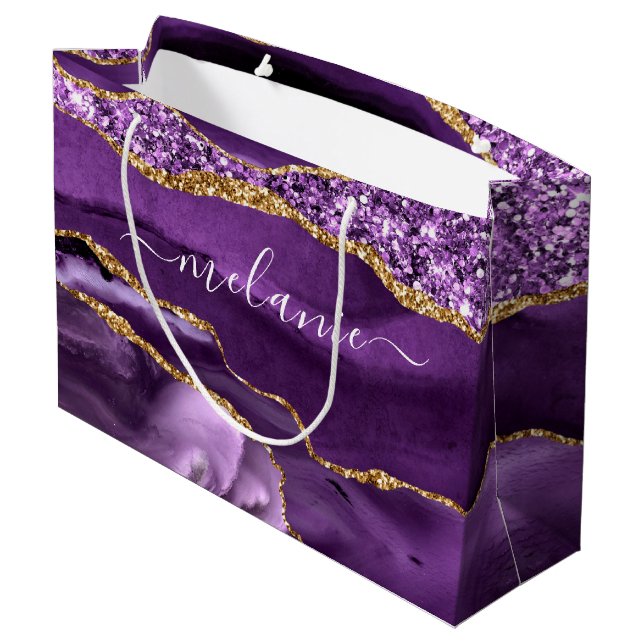 Lila Gold Glitzer Marmorieren Sie Ihr Namensgesche Große Geschenktüte (Rückseite Schrägansicht)