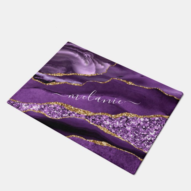 Lila Gold Glitzer Marmormor Individuelle Name Door Fußmatte (Schrägansicht)