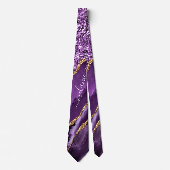 Lila Gold Glitzer Neck Tie mit Individuelle Name Krawatte (Vorderseite)