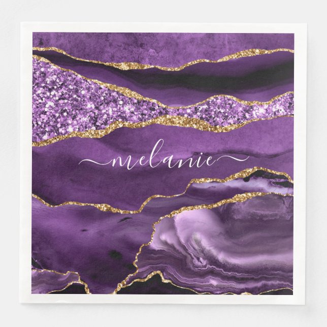 Lila Gold Glitzer Nennen Napkins Serviette (Vorderseite)