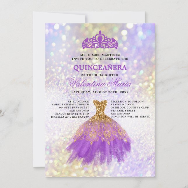 Lila Gold Glitzer Quinceaneara Party Einladung (Vorderseite)