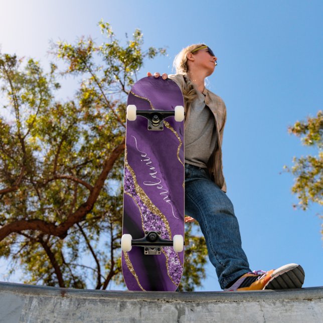 Lila Gold Glitzer Skateboard mit Individuelle Name (Außenbereich 1)