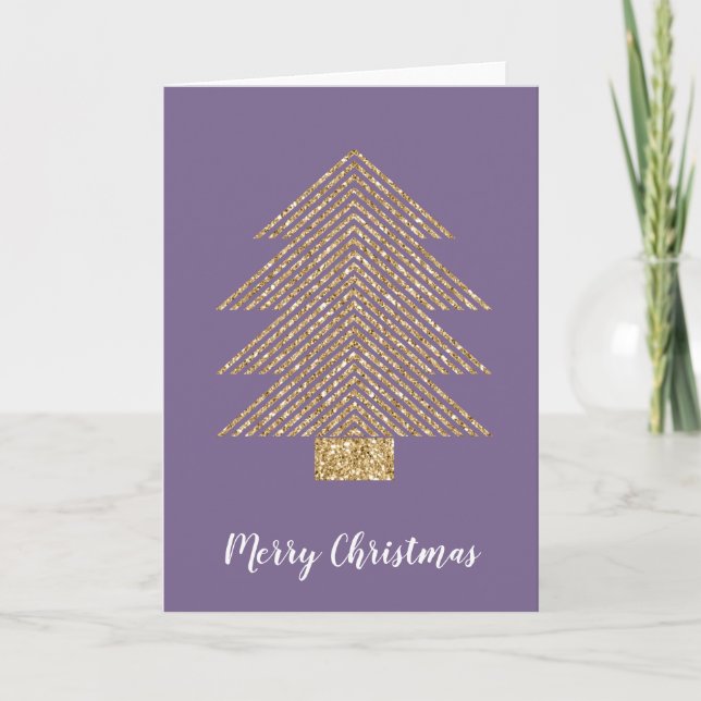 Lila Gold Glitzer Streifen Weihnachtsbaum Karte (Vorderseite)