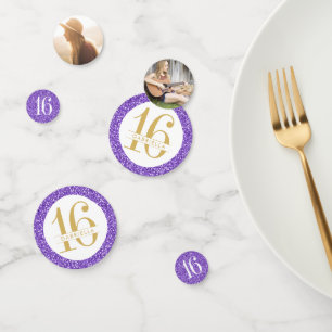 Lila Gold Glitzer Sweet 16 Name und Foto Konfetti