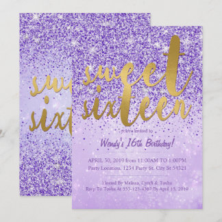 Lila & Gold Glitzer Sweet 16 Party Einladungen