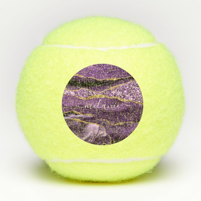 Lila Gold Glitzer Tennisbälle mit Individuelle Nam (Vorderseite)