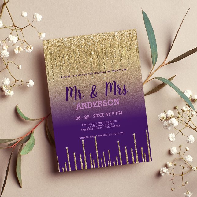 Lila Gold Glitzer Tropfen Drehbuch MR MRS Hochzeit Einladung (Purple gold glitter drips script MR MRS wedding )