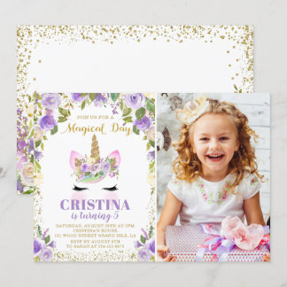 Lila Gold Glitzer Unicorn Foto Geburtstag Einladung