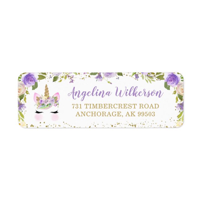 Lila Gold Glitzer Unicorn Rücksendeadresse (Vorne)