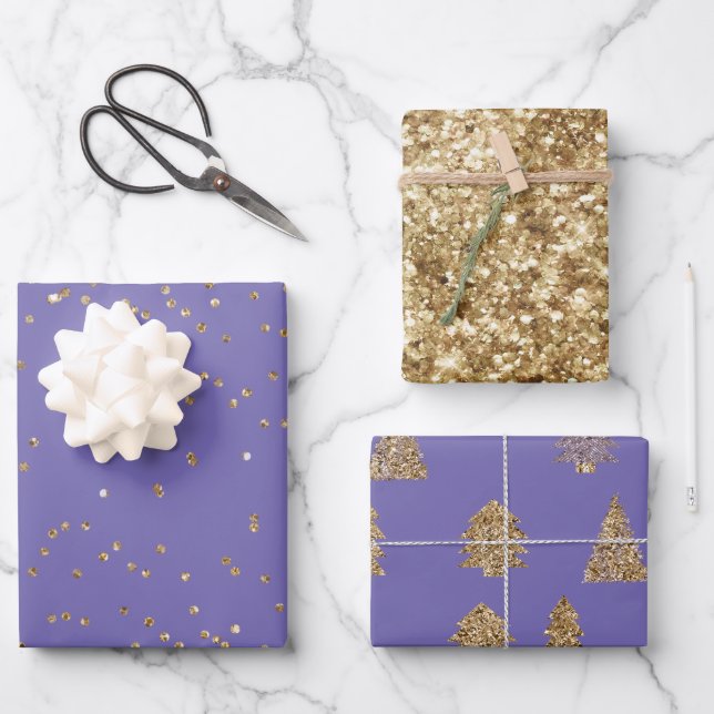 Lila Gold Glitzer Weihnachtsbaumen Geschenkpapier Set (Vorderseite)