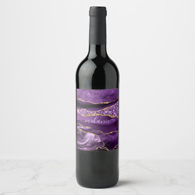 Lila Gold Glitzer Wein Flasche Etikett Individuell (Vorderseite)