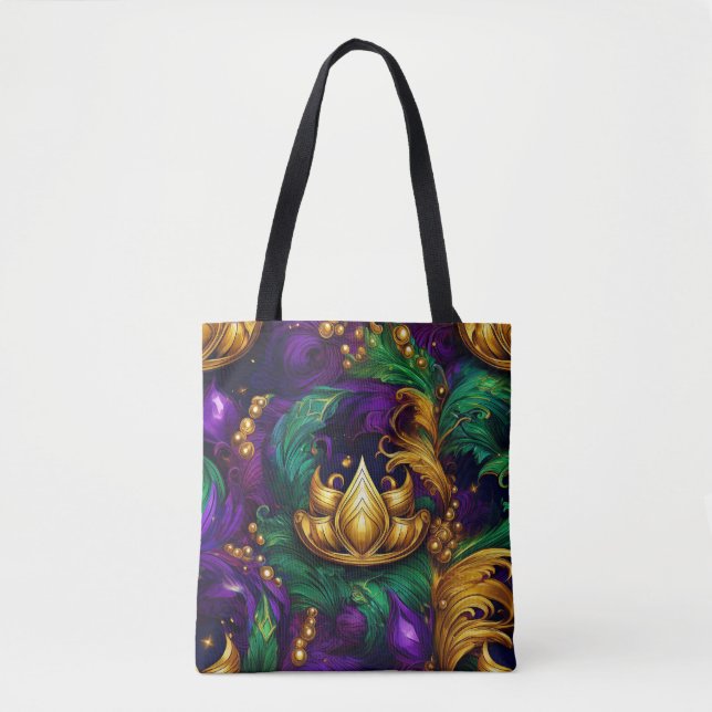 LILA GOLD GREEN MARDI GRAS CROWN & FEATHERS TASCHE (Vorderseite)