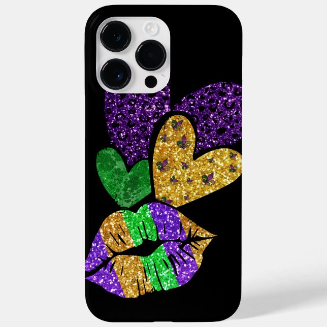 LILA GOLD GREEN MARDI GRAS HEARS & LIPS Case-Mate iPhone 14 PRO MAX HÜLLE (Rückseite)