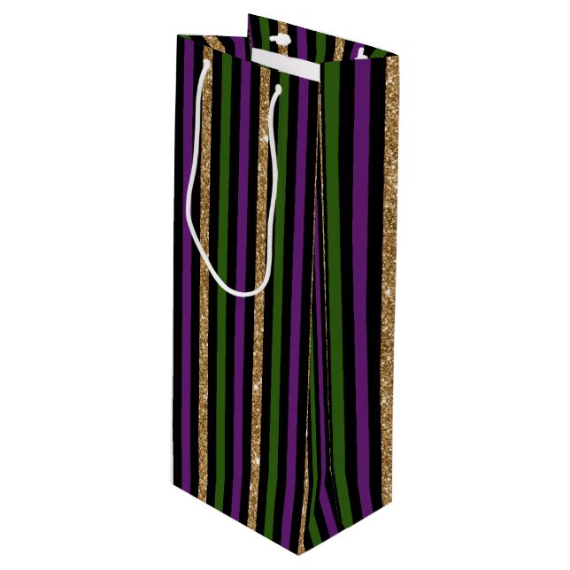 LILA GOLD GREEN MARDI GRAS STRIPES GESCHENKTÜTE FÜR WEINFLASCHEN (Vorderseite Schrägansicht)