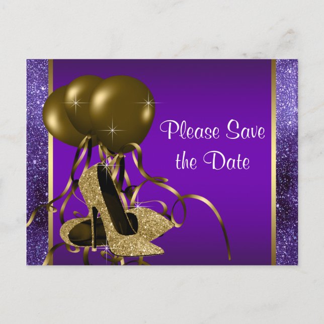 Lila Gold High Heel Shoe Save the Date Ankündigungspostkarte (Vorderseite)