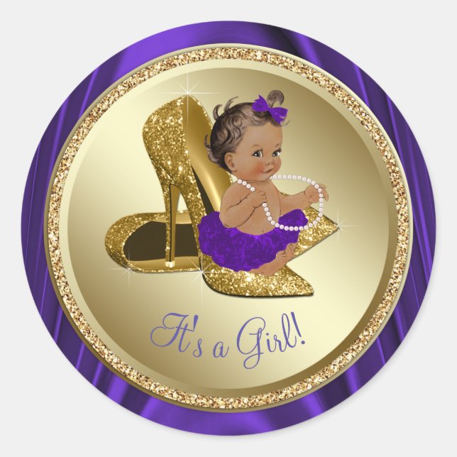 Lila Gold High Heel Shoel Ethnic Girl Baby Shower Runder Aufkleber (Vorderseite)