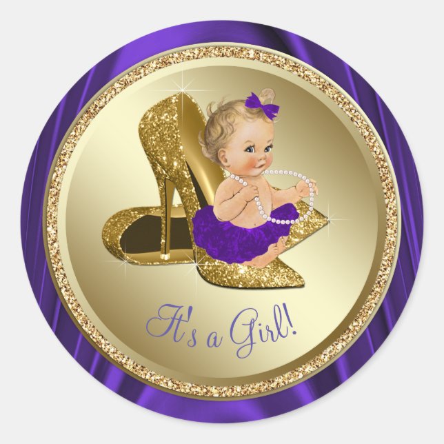 Lila Gold High Heel Shoel Girl Baby Dusche Runder Aufkleber (Vorderseite)