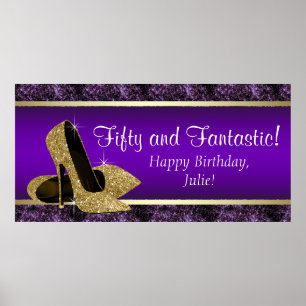 Lila Gold Hochhackiger Geburtstagsfeier Banner Poster