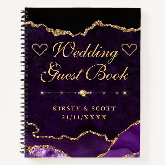 Lila Gold Imitate Glitzer Agate Wedding Gästebuch Notizbuch (Vorderseite)
