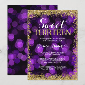 Lila Gold Imitate Glitzer Lights Sweet 13 Geburtst Einladung