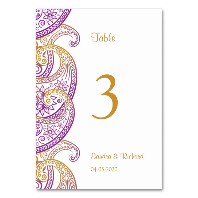 Lila & Gold Indian Paisley Wedding Tischnummer (Vorderseite)