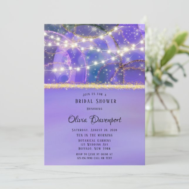 Lila Gold Lights Ethereal Ink Brautparty Einladung (Stehend Vorderseite)