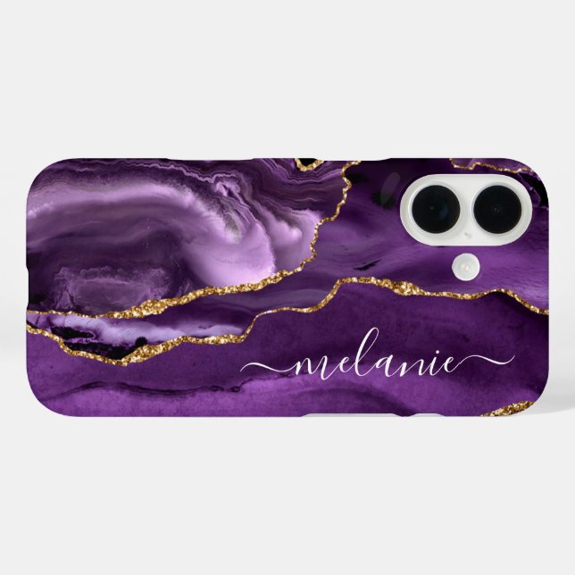 Lila Gold Marble iPhone Case mit Individuelle Name (Rückseite (Horizontal))