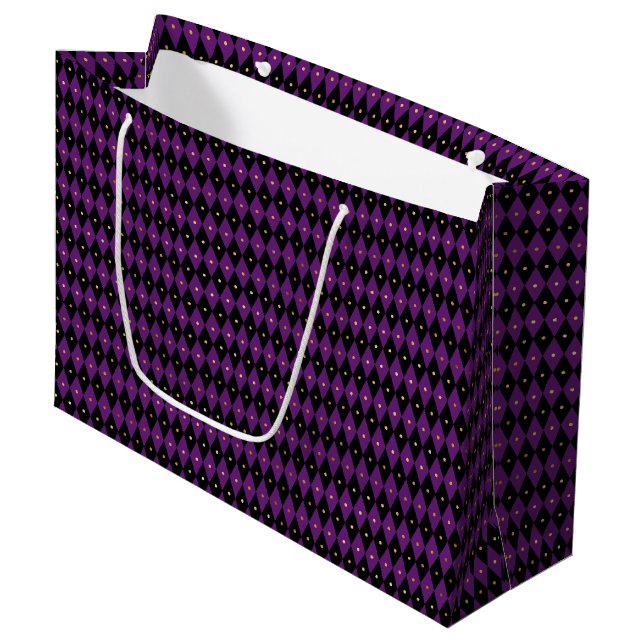 LILA GOLD MARDI GRAS DIAMOND PATTERN GROßE GESCHENKTÜTE (Vorderseite Schrägansicht)