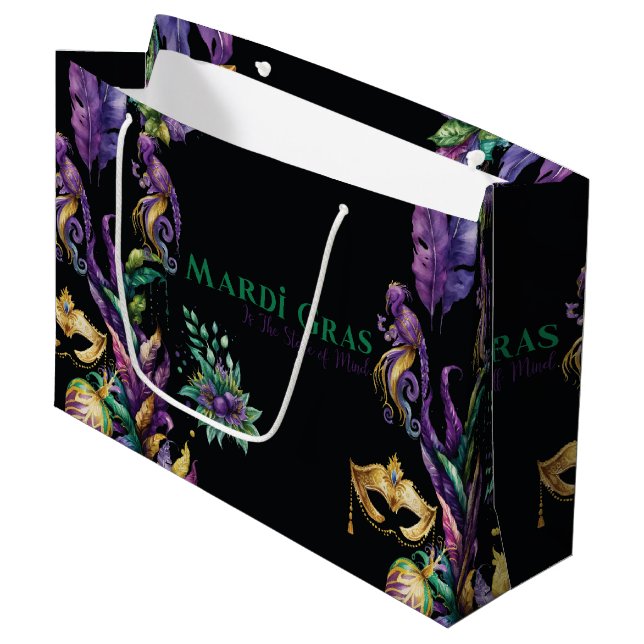 LILA GOLD MARDI GRAS MASKS FEATHERS GROßE GESCHENKTÜTE (Vorderseite Schrägansicht)