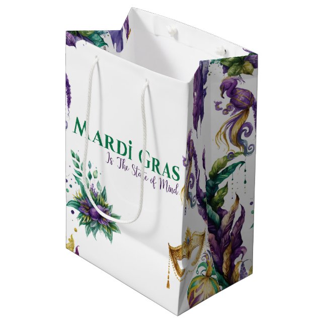 LILA GOLD MARDI GRAS MASKS FEATHERS MITTLERE GESCHENKTÜTE (Vorderseite Schrägansicht)