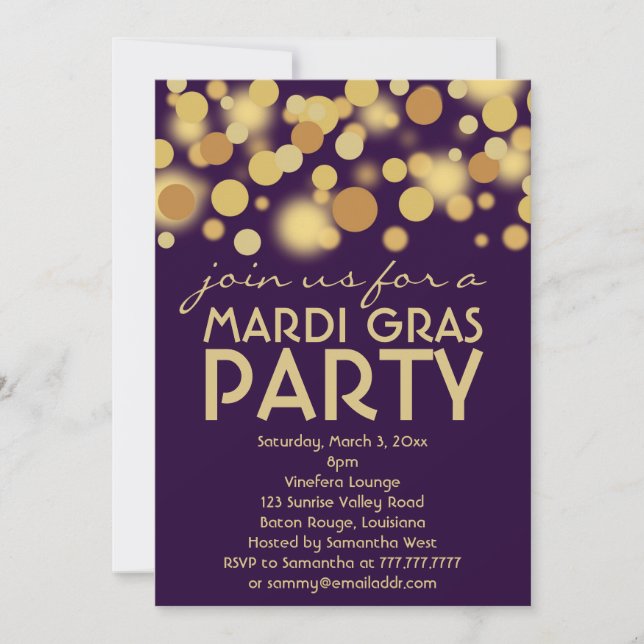 Lila Gold Mardi Gras Party Einladungen (Vorderseite)
