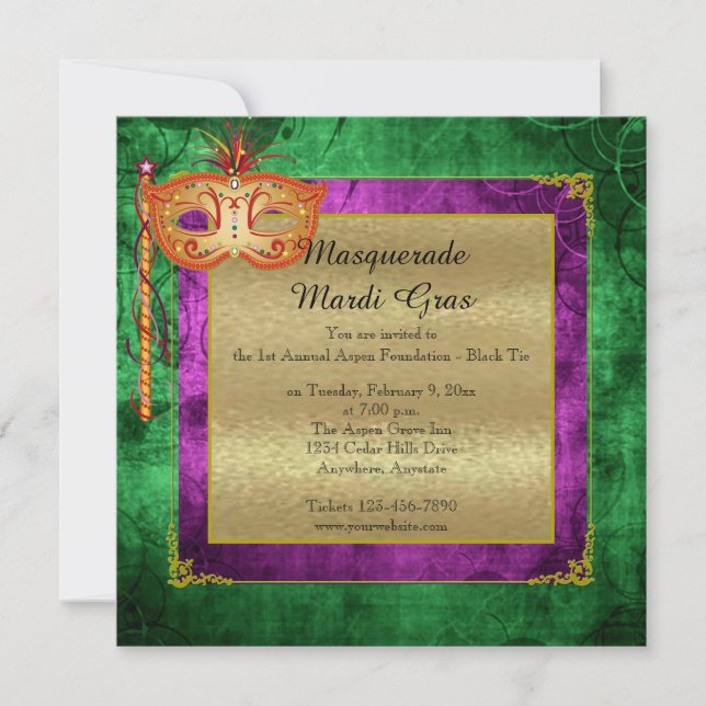 Lila Gold Masquerade Mardi Gras Ball Einladung (Vorderseite)