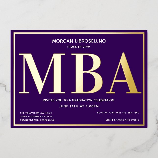 Lila Gold MBA-Abschluss Folieneinladung (Vorderseite)