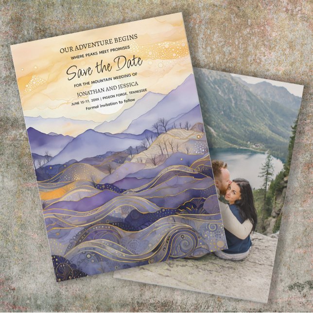 Lila Gold Mountain Wedding Foto Rett Save The Date (Purple and gold mountain wedding Save the Date photo card)