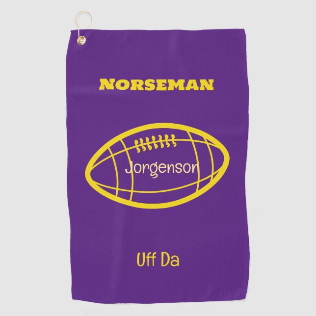 Lila Gold Norseman Custom Uff Da Golfhandtuch (Vorderseite)