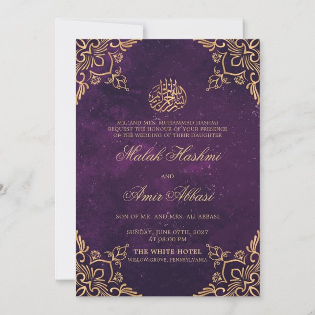 Lila Gold Oriental Design Islamische Hochzeit Einladung (Vorderseite)