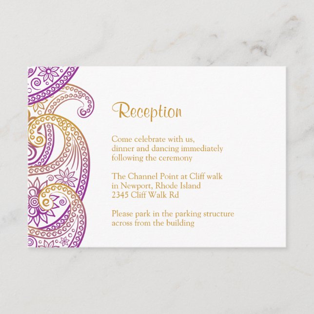 Lila & Gold Paisley Empfang, Indian Wedding Begleitkarte (Vorderseite)
