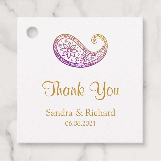 Lila & Gold Paisley Indian Wedding Vielen Dank Geschenkanhänger (Vorderseite)