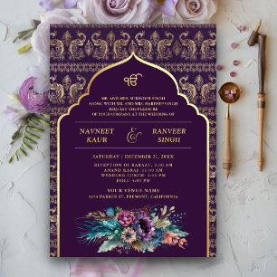 Lila Gold Peacock Anand Karaj Sikh Wedding Einladung