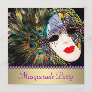 Lila Gold Pfauenfeder Maske Masquerade Party Einladung